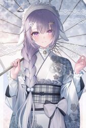 1girl 2023 blush braid closed_mouth commentary floral_print floral_print_kimono grey_hat grey_kimono grey_sash hair_ornament happy_new_year hat holding holding_umbrella japanese_clothes kimono long_hair long_sleeves looking_at_viewer new_year obi oil-paper_umbrella original pink_eyes plaid_clothes plaid_sash print_kimono purple_hair sash shiba_0 single_braid smile solo umbrella upper_body wide_sleeves x_hair_ornament