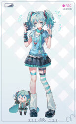 +++ 1girl absurdres alternate_hair_length alternate_hairstyle aqua_eyes aqua_hair aqua_nails aqua_shirt arm_warmers asymmetrical_legwear battery_indicator bead_necklace beads belt black_shoes border bow cellphone character_doll chinese_commentary commentary_request dated doll fishnet_thighhighs fishnets frilled_sleeves frills full_body fuwapuchi grin hatsune_miku highres holding holding_phone horizontal-striped_thighhighs jewelry lace lace-trimmed_shirt lace_trim layered_skirt leg_warmers memory_mie mismatched_legwear multiple_wristbands nail_polish necklace notice_lines parted_lips phone pink_bow plaid_clothes plaid_skirt pleated_skirt recording shirt shoes short_hair short_sleeves short_twintails signature single_arm_warmer skirt smile solo spring_onion_necklace t-shirt thigh_belt thigh_strap thighhighs twintails vocaloid w white_leg_warmers wristband y2k_fashion zettai_ryouiki