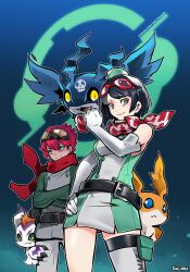 Rule 34 | 1boy, 1girl, bandana, bandana around neck, bare shoulders, black hair, blue background, blue eyes, body fur, cowboy shot, crossed arms, digimon, digimon (creature), digimon story: time stranger, dress, elbow gloves, eyewear on head, glasses, gloves, goggles, goggles on head, gomamon, green dress, green eyes, green hat, green shirt, hat, head wings, highres, pants, patamon, picodevimon, red bandana, red hair, red scarf, scarf, shirt, short hair, simple background, single thighhigh, sinobali, sleeveless, sleeveless dress, thighhighs, two-tone dress, white dress, white fur, white gloves, white pants, white shirt, white thighhighs, wings, yellow eyes, yuuki dan, yuuki kanan, yuuki dan, yuuki kanan