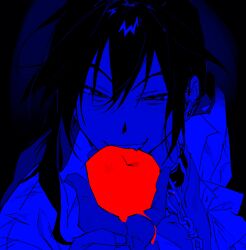 Rule 34 | 1boy, absurdres, apple, bishounen, black background, black hair, blue theme, chain, collar, collared shirt, earrings, eating, fang, food, fruit, highres, holding, holding food, holding fruit, jewelry, male focus, medium hair, open clothes, open shirt, original, out of frame, shigure (unininaritai), shirt, simple background, smirk, snake earrings, solo focus