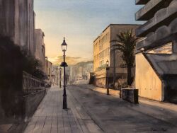 blue_sky building city cloud day fence highres kobe lamppost landscape mouen_tw no_humans orange_sky painting_(medium) palm_tree road shadow sky stairs street sunrise traditional_media tree watercolor_(medium) window