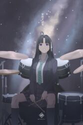 absurdres ahoge arz_bpz01 awa_subaru black_hair breasts commentary drum drum_chair drum_set drumsticks girls_band_cry highres instrument long_hair medium_breasts necktie original purple_eyes ribbon school_uniform white_ribbon