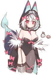 1girl a_sa_gohan animal_hood asymmetrical_legwear between_breasts black_leotard black_pantyhose bow breasts choker cleavage commentary covered_navel dog_girl eyelashes fishnet_thighhighs fishnets fur_trim highres hood large_breasts leotard looking_at_viewer pantyhose pink_bow red_eyes serpina_(shironeko_project) shironeko_project short_hair simple_background solo spiked_choker spiked_thigh_strap spikes strap_between_breasts thighhighs white_background white_hair