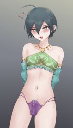 Rule 34 | 1boy, 7cs (congchuabuoito), ahoge, arms behind back, black hair, blush, brown eyes, bulge, collarbone, cosplay, crop top, cum, danganronpa (series), danganronpa v3: killing harmony, detached sleeves, erection, erection under clothes, gerudo set (zelda), gradient background, grey background, groin, hair between eyes, highres, jewelry, link, link (cosplay), male focus, navel, necklace, panties, purple panties, saihara shuichi, short hair, solo, stomach, trap, underwear