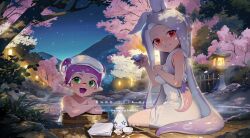 2girls artist_name bathing breasts bun_with_braided_base cherry_blossoms choko_(cup) colored_tongue crossed_arms cup double_bun gradient_hair green_eyes grey_hair grin hair_bun hand_on_own_chest highres holding holding_cup inkling inkling_girl inkling_player_character long_hair looking_at_viewer multicolored_hair multiple_girls naked_towel nintendo octoling octoling_girl octoling_player_character onsen open_mouth pabuk5w parted_bangs pink_hair purple_hair purple_tongue red_eyes same-sex_bathing shared_bathing short_hair sitting smile splatoon_(series) tentacle_hair tokkuri towel towel_on_head very_long_hair watermark
