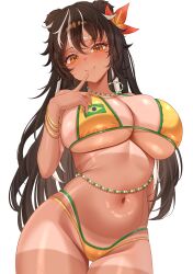 1girl animal_ears bead_necklace beads bikini black_hair blush bracelet brazil brazilian_flag brazilian_flag_bikini brazilian_flag_print breasts cleavage commission finger_to_mouth fishnet_thighhighs fishnets flag_print flag_print_bikini flower flower_on_head green_bikini indie_virtual_youtuber jewelry large_breasts long_hair miss_lacuna multicolored_hair navel necklace single_thighhigh sinonamon smile solo standing swimsuit tan tanline thigh_gap thighhighs virtual_youtuber white_background white_hair yellow_bikini yellow_eyes
