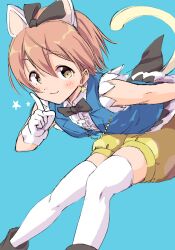 Rule 34 | 1girl, animal ear hairband, animal ears, black boots, black bow, black bowtie, blue vest, blush, boots, bow, bowtie, breasts, cat ear hairband, cat ears, cat tail, center frills, closed mouth, collared shirt, fake animal ears, fake tail, feet out of frame, frilled shirt, frills, gloves, hairband, highres, hoshizora rin, index finger raised, looking at viewer, love live!, love live! school idol project, orange hair, puffy shorts, sen (sen0910), shirt, short hair, shorts, sleeveless, sleeveless shirt, small breasts, smile, solo, tail, thighhighs, traditional bowtie, vest, white gloves, white shirt, white thighhighs, yellow eyes, yellow shorts
