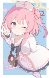 1girl ;) anotherdetteiu bag black_bow black_bowtie blue_archive blue_background blush border bow bowtie closed_mouth commentary_request dated dress feather_hair feet_out_of_frame frilled_dress frills hair_between_eyes hair_ribbon halo hand_up handbag happy happy_birthday hat heart highres long_sleeves looking_at_viewer medium_hair nurse_cap one_eye_closed one_side_up outside_border pantyhose pink_eyes pink_hair red_ribbon ribbon sailor_collar school_uniform serafuku serina_(blue_archive) simple_background smile solo split_mouth standing v white_border white_dress white_hat white_pantyhose white_sailor_collar white_serafuku yellow_halo