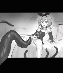 Rule 34 | 1girl, absurdres, bow, bow hairband, bow panties, cinn angl, commentary, detached sleeves, english commentary, hair between eyes, hair ribbon, hairband, highres, monochrome, on bed, panties, petra leyte, re:zero kara hajimeru isekai seikatsu, ribbon, roswaal mansion maid uniform, short hair, sitting, solo, tentacles, thighhighs, underwear, white panties, white thighhighs