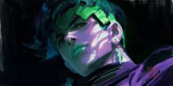 1boy absurdres black_background closed_mouth commentary diamond_wa_kudakenai earrings from_below green_eyes green_hair green_headband green_lips head_tilt headband highres jewelry jojo_no_kimyou_na_bouken kishibe_rohan looking_at_viewer male_focus purple_shirt shirt short_hair solo whitehogiii