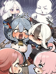 Rule 34 | 1boy, 4girls, ^^^, absurdres, ahoge, ako (blue archive), animal collar, aru (blue archive), bell, biting, biting another&#039;s arm, black gloves, black hair, black hoodie, black skirt, blank eyes, blue archive, blue background, blue collar, blue eyes, blue hairband, blue halo, blue jacket, blush, breasts, chroong, collar, cowbell, demon horns, doodle sensei (blue archive), double-parted bangs, emphasis lines, flying sweatdrops, garter straps, gloves, grey halo, gun, hair between eyes, hair ribbon, hairband, half gloves, half updo, halo, handgun, highres, hina (blue archive), holding, holding gun, holding weapon, hood, hoodie, horns, jacket, kayoko (blue archive), large breasts, long hair, long sleeves, looking at another, luger p08, multicolored hair, multiple girls, neck bell, open mouth, parted bangs, pink hair, pink halo, plaid clothes, plaid skirt, pleated skirt, ponytail, purple eyes, red eyes, red ribbon, red skirt, ribbon, screaming, sensei (blue archive), shaded face, shirt, sideboob, sideless shirt, skirt, smile, sweatdrop, tearing up, two-tone hair, v-shaped eyebrows, wavy hair, weapon, white hair, white shirt