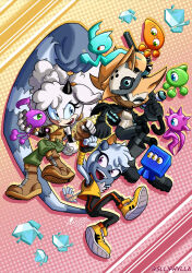 3girls bell black_footwear black_gloves black_horns blue_eyes boots brown_footwear commentary english_commentary fingerless_gloves gloves green_eyes highres holding holding_weapon horns knee_pads lanolin_the_sheep lemur_girl mask mask_on_head multiple_girls neck_bell one-eyed open_mouth orange_eyes purple_eyes sheep_girl shoes slliphylla smile sneakers sonic_(series) sonic_the_hedgehog_(idw) tangle_the_lemur teeth tracy_yardley_(style) upper_teeth_only very_long_tail weapon whisper_the_wolf wisp_(sonic) wispon wolf_girl yellow_eyes yellow_shoes
