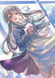 Rule 34 | 1girl, bag, bandaid, bandaid on face, bandaid on forehead, breasts, cellphone, cityscape, coat, dutch angle, floating clothes, floating hair, grey coat, grey hair, hair ornament, hairclip, hand up, handbag, highres, holding, holding phone, holding strap, idolmaster, idolmaster shiny colors, long hair, looking at viewer, medium breasts, open mouth, otsudou, phone, purple eyes, skirt, smartphone, solo, sweater, white skirt, white sweater, yukoku kiriko