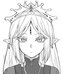 Rule 34 | .osari, 1girl, alternate costume, cartethyia (wuthering waves), closed mouth, collar, commentary, crown, earrings, english commentary, greyscale, highres, jewelry, long hair, looking at viewer, monochrome, necklace, parted bangs, pointy ears, portrait, sidelocks, signature, simple background, solo, straight-on, tacet mark (wuthering waves), white background, wuthering waves