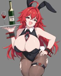 Rule 34 | 1girl, :d, alcohol, alternate costume, animal ears, bare shoulders, black leotard, bottle, breasts, brown pantyhose, cleavage, crossed bangs, cup, drinking glass, fake animal ears, goddess of victory: nikke, grey background, hair between eyes, highres, jaggi 95, large breasts, leotard, long hair, looking at viewer, nihilister (nikke), open mouth, pantyhose, playboy bunny, rabbit ears, red eyes, red hair, simple background, smile, solo, thigh strap, torn clothes, torn pantyhose, wine, wine bottle, wine glass