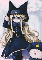 1girl absurdres belt black_belt black_coat black_footwear black_gloves black_hat black_thighhighs blonde_hair blue_eyes closed_mouth coat colored_skin commentary creature english_commentary funamusea fur-trimmed_coat fur_hat fur_trim gloves hair_ornament hairclip hand_on_headwear hat hat_with_ears highres iesonatana long_hair mogeko_castle mogekov mogekov_hashasky thighhighs ushanka white_background white_skin