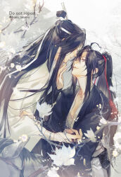 2boys ahoge animal bishounen black_hair black_hanfu branch chinese_clothes closed_mouth collarbone couple donkey eye_contact face-to-face flower grey_eyes hair_ribbon hand_on_another&#039;s_chin hanfu headband high_ponytail holding holding_reins lan_wangji light_particles long_hair long_sleeves looking_at_another male_focus modao_zushi moirae multiple_boys pectoral_cleavage pectorals ponytail red_ribbon reins ribbon robe sidelocks sitting sitting_on_animal sleeves_past_wrists smile topknot tree twitter_username very_long_hair watermark wei_wuxian white_flower white_hanfu white_headband wide_sleeves xiao_guan_(headdress) yaoi