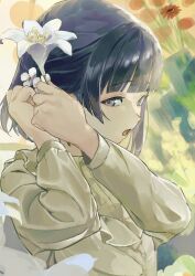 1girl adjusting_hair_ornament black_hair blunt_bangs bob_cut eyelashes flower gakuen_idolmaster grey_eyes hair_flower hair_ornament hataya_misuzu idolmaster lily_(flower) long_sleeves looking_at_viewer menucoco open_mouth red_flower shirt short_hair solo white_flower white_lily white_shirt