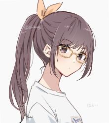 1girl bespectacled bloom_festival_(project_sekai) brown_eyes brown_hair closed_mouth from_side glasses hair_ribbon high_ponytail highres light_blush long_hair looking_at_viewer looking_to_the_side official_alternate_costume official_alternate_hair_length official_alternate_hairstyle orange_ribbon ponytail project_sekai ribbon shimagj shinonome_ena shirt sidelocks simple_background solo swept_bangs t-shirt translation_request twitter_username upper_body white_background white_shirt