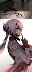 1boy 1girl 1other arlecchino_(genshin_impact) arm_support artist_name black_eyes black_hair black_hands black_jacket blood blood_on_ground boots brown_footwear checkered_floor claws colored_extremities commentary_request death floor frills gem genshin_impact grey_hair grey_jacket hair_between_eyes hair_ornament hand_up highres index_finger_raised jacket jewelry light_brown_hair lips long_hair long_sleeves looking_at_another lying lyney_(genshin_impact) multicolored_hair murder ojo_aa on_back ponytail purple_eyes red_gemstone red_pupils ring shadow short_hair silhouette simple_background standing symbol-shaped_pupils teeth two-tone_hair vision_(genshin_impact) watermark white_background x-shaped_pupils