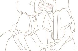 2girls ainu_clothes blush breasts french_kiss hair_ribbon hand_on_another&#039;s_leg hand_on_another&#039;s_thigh heavy_breathing highres kiss legs long_hair monochrome multiple_girls nakoruru open_mouth pants ribbon rimururu saliva saliva_trail samurai_spirits short_hair siblings sisters sitting sketch small_breasts snk thighs tongue tongue_out