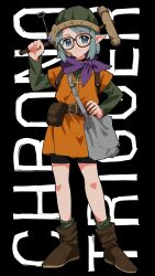 1girl absurdres belt bike_shorts blue_eyes chrono_trigger closed_mouth cosplay full_body glasses helmet highres holding holding_weapon looking_at_viewer lucca_ashtear original scarf short_hair smile solo weapon