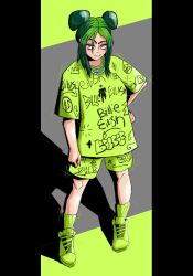 1girl air_jordan air_jordan_4 billie_eilish chain chain_around_neck double_bun fortnite green_background green_hair green_shirt green_shorts green_socks hair_bun highres jewelry long_hair multicolored_eyes multicolored_hair necklace quebin_tijuana real_life shadow shirt shorts socks solo
