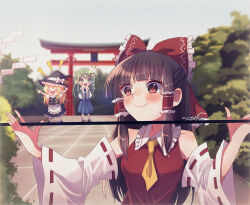 &gt;_&lt; 3girls absurdres apron ascot bare_shoulders black_hat black_skirt black_vest blonde_hair blue_skirt blunt_bangs blush_stickers bow breasts brown_hair closed_eyes collared_shirt detached_sleeves frilled_bow frilled_hair_tubes frills frog_hair_ornament gohei green_eyes green_hair hair_bow hair_ornament hair_tubes hakurei_reimu hat highres holding holding_gohei kirisame_marisa kochiya_sanae konpota_(pixiv_113398422) long_hair long_sleeves medium_breasts multiple_girls outdoors red_bow red_eyes ribbon-trimmed_sleeves ribbon_trim shirt sidelocks single_hair_tube single_sidelock skirt skirt_set sleeveless sleeveless_shirt smile snake_hair_ornament torii touhou vest white_apron wide_sleeves yellow_ascot