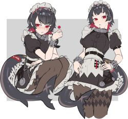 2girls absurdres apron black_hair breasts candy colored_inner_hair ellen_joe fins fish_tail food hair_ornament highres holding holding_candy holding_food holding_lollipop large_breasts lollipop looking_at_viewer maid maid_apron maid_headdress mole mole_under_eye multicolored_hair multiple_girls novura pantyhose parted_lips puffy_sleeves red_eyes red_hair shark_girl shark_tail short_hair simple_background tail two-tone_hair v-shaped_eyebrows white_background zenless_zone_zero