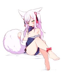 1girl absurdres animal_ear_fluff animal_ears babalilo barefoot blue_dress china_dress chinese_clothes crossed_legs dress ear_ornament facial_mark feet flat_chest foot_focus foreshortening fox_ears fox_girl fox_tail green_eyes highres loli long_hair looking_at_viewer nipples original presenting_foot simple_background solo tail thighs toes white_background white_hair