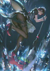 1girl apron ass black_hair bracelet brown_pantyhose closed_mouth dress earclip earrings ellen_joe fingernails fins fish_tail foot_up frilled_wristband from_below hairband hands_up high_heels highres holding holding_polearm holding_weapon ice jewelry legs long_tail looking_at_viewer maid_apron maid_headdress metal_hairband multicolored_hair nail_polish pantyhose polearm puffy_short_sleeves puffy_sleeves red_eyes red_hair red_nails renyu1012 shark_tail shoe_soles shoes short_dress short_hair short_sleeves solo spiked_hairband spikes standing standing_on_one_leg standing_on_weapon tail two-tone_hair upskirt v-shaped_eyebrows waist_apron weapon wrist_cuffs zenless_zone_zero