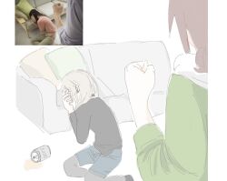 Rule 34 | 2girls, beer can, can, clenched hand, couch, covering face, domestic violence, drink can, girls band cry, indoors, iseri nina, kawaragi momoka, multiple girls, n nai nai n, pants, photo-referenced, photo inset, pillow, shirt, simple background, spill, white background