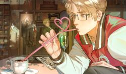 Rule 34 | 2boys, absurdres, ahoge, america (hetalia), axis powers hetalia, bag, black jacket, black necktie, black pants, blonde hair, blue eyes, brown vest, buttons, closed mouth, collared shirt, cup, drinking, drinking glass, drinking straw, fingernails, formal clothes, glasses, green-framed eyewear, green eyes, green jacket, grey jacket, grey pants, hand up, highres, ice, ice cube, indoors, jacket, lapels, letterman jacket, long sleeves, looking at another, looking at object, male focus, mirror, multicolored jacket, multiple boys, necktie, newspaper, open clothes, open jacket, pants, plate, puffy long sleeves, puffy sleeves, red jacket, red necktie, reflection, semi-rimless eyewear, sewing machine, shadow, shirt, short hair, sitting, standing, star (symbol), suit jacket, sweatdrop, table, tea, two-tone jacket, united kingdom (hetalia), vest, white jacket, yellow necktie, zhongerweiyuan