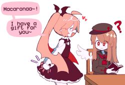 2girls ? ahoge angel angel_wings bat_(animal) beret black_dress book bright_pupils brown_hair closed_eyes closed_mouth colored_skin commentary dress english_commentary english_text funamusea green_hat green_sailor_collar green_shirt haiiro_teien hat head_wings heart highres holding holding_book long_hair looking_at_another macarona_(funamusea) multiple_girls neckerchief open_mouth pinafore_dress pipiikki pointy_ears ponytail rawberry_preserves red_eyes red_neckerchief sailor_collar shirt simple_background sleeveless sleeveless_dress smile speech_bubble table white_background white_pupils white_shirt white_skin wings wooden_chair wooden_table worm