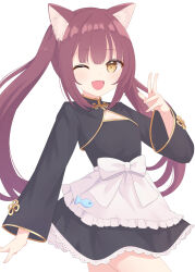 1girl animal_ear_fluff animal_ears apron black_dress bow cat_ears china_dress chinese_clothes cleavage_cutout clothing_cutout cowboy_shot dress fang frilled_apron frills furutori highres long_hair long_sleeves looking_at_viewer maid one_eye_closed open_mouth original qi_maid red_hair sidelocks simple_background skin_fang smile solo twintails v very_long_hair white_apron white_background white_bow yellow_eyes