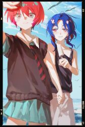 1boy 1girl amate_yuzuriha aqua_eyes blue_hair blue_sky blush chinese_commentary collared_shirt colored_inner_hair commentary_request cowboy_shot day gundam gundam_gquuuuuux hetero highres holding_hands multicolored_hair necktie open_mouth outdoors red_eyes red_hair school_uniform shirt short_hair shuji_ito skirt sky sleeveless smile sweat sweater tank_top two-tone_hair xiegegege_gezi