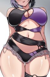Rule 34 | 1girl, arm strap, arms behind back, asymmetrical one-piece swimsuit, black hair, black one-piece swimsuit, breasts, casual one-piece swimsuit, cleavage cutout, clothing cutout, commentary, frilled one-piece swimsuit, frills, gluteal fold, grey hair, highres, hololive, hololive english, holonatsu paradise, large breasts, medium hair, multicolored hair, navel, o-ring, o-ring thigh strap, official alternate costume, one-piece swimsuit, purple one-piece swimsuit, shiori novella, shiori novella (holonatsu paradise), simple background, solo, split-color hair, swimsuit, thick thighs, thigh gap, thigh strap, thighs, tongue, tongue out, two-tone hair, two-tone one-piece swimsuit, virtual youtuber, white background, zeropen