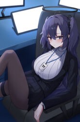 1girl black_halo black_jacket black_pantyhose black_skirt blue_archive blue_eyes blush chair closed_mouth clothes_lift cosplay drawppyo halo highres indoors jacket lanyard long_hair long_sleeves looking_at_viewer mechanical_halo millennium_science_school_logo on_chair pantyhose pleated_skirt purple_eyes purple_hair ribbed_sweater rio_(blue_archive) rio_(blue_archive)_(cosplay) sitting skirt solo suit_jacket sweater sweater_lift thigh_strap turtleneck turtleneck_sweater twintails two_side_up white_sweater yuuka_(blue_archive)