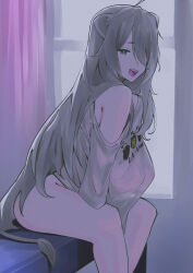 1girl ahoge animal_ears bedroom bottomless breasts commentary curtains dismassd grey_eyes grey_hair hair_between_eyes hair_over_one_eye highres hololive large_breasts lion_ears lion_girl lion_tail long_hair long_hair_between_eyes looking_at_viewer loose_clothes loose_shirt messy_hair no_bra official_alternate_costume official_alternate_hairstyle oversized_clothes oversized_shirt print_shirt sagging_breasts shirt shishiro_botan shishiro_botan_(casual) single_bare_shoulder sitting solo t-shirt tail very_long_hair virtual_youtuber white_shirt window
