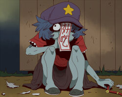 Rule 34 | 1girl, bell, black eyes, black shoes, black skirt, blue hair, colored skin, commentary request, eating, expressive clothes, full body, grey skin, hair over one eye, hat, hat ornament, holding, holding leash, jiangshi, jingle bell, lace-trimmed sleeves, lace trim, leash, looking afar, looking to the side, miyako yoshika, newsboy cap, ofuda, onikobe rin, purple hat, red shirt, severed fur, shaded face, shirt, shoes, short hair, sitting, skirt, solo, star (symbol), star hat ornament, touhou