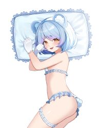 absurdres animal_ears animal_hands ass bear_ears bear_girl blue_hair blush brown_eyes claws fang flat_chest garter_belt highres icey_snowpaws immy_bisou_(artist) lingerie looking_at_viewer official_art open_mouth pillow short_hair skin_fang symbol-shaped_pupils transparent_background underwear vallure virtual_youtuber