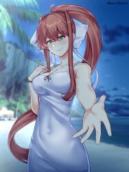 Rule 34 | beach, brown hair, colored skin, doki doki literature club, dress, green eyes, highres, hold hand, monika (doki doki literature club), night, storm blaze, white dress, white skin