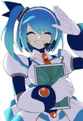 1girl armor cowboy_shot highres holding medium_hair mega_man_(series) mega_man_x_(series) mega_man_x_dive rico_(mega_man) salute shorts side_ponytail simple_background single_tear skirt solo vani_(hisha_04) white_armor white_background white_shorts white_skirt