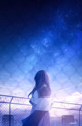 1girl absurdres amenomori_howa artist_name black_hair black_skirt blurry blurry_foreground chain-link_fence city city_lights cloud commentary_request contrail fence from_behind highres long_hair night night_sky original outdoors pleated_skirt rooftop sailor_collar scenery school_uniform serafuku shirt short_sleeves simple_bird skirt sky solo star_(sky) starry_sky white_shirt