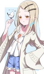 ... 1girl absurdres animal belt bird black_belt blonde_hair blue_background blue_shorts blush border brown_jacket camisole collarbone commentary_request cowboy_shot denim denim_shorts forehead gakuen_idolmaster hair_ornament hairclip highres holding holding_animal holding_bird idolmaster jacket long_hair long_sleeves looking_at_animal open_clothes open_jacket orange_eyes outside_border parted_lips rope_belt shinosawa_hiro short_shorts shorts sidelocks signature solo standing swept_bangs vtitalianlion46 white_border white_camisole wide_sleeves