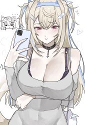 2girls absurdres black_bra bra bra_strap breasts collar ewn flying_sweatdrops fuwawa_abyssgard highres holding holding_phone hololive hololive_english large_breasts long_hair mirror_selfie mococo_abyssgard multicolored_hair multiple_girls phone red_eyes selfie streaked_hair sweatdrop unamused underwear white_background