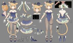 Rule 34 | 1girl, ahoge, animal ears, blonde hair, bow, bowtie, breasts, cleavage, closed mouth, cropped torso, dooby (vtuber), english text, fishnet pantyhose, fishnets, full body, gloves, green bow, green bowtie, green eyes, green hairband, grey background, hairband, happy (yppah1060), hat, high heels, highres, indie virtual youtuber, leotard, medium breasts, mini hat, mini top hat, multiple views, pantyhose, photo inset, short hair, simple background, skirt, smile, straight-on, strapless, strapless leotard, striped clothes, striped leotard, tail, top hat, vertical-striped clothes, vertical-striped leotard, virtual youtuber, white gloves