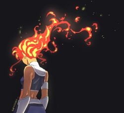 1girl artist_name bare_shoulders black_background commentary crop_top dc_comics english_commentary fiery_hair fire from_behind genniax highres midriff purple_skirt purple_tank_top simple_background skirt solo starfire tamaranean tank_top teen_titans