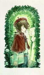 1boy 1girl absurdres blue_bow blue_bowtie blue_eyes blue_pants border bow bowtie brown_hair canvas_(object) cloak dongfang_shuyechu edgar_valden facing_away highres holding identity_v male_focus painting_(medium) pants peeking plant profile red_cloak shirt short_hair traditional_media watercolor_(medium) white_border white_shirt