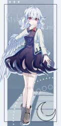 1girl antenna_hair arrow_print bare_legs bird_wings blazer bloom_mfmf boots border bow bowtie brown_boots character_name clenched_hand commentary_request crescent crossed_bangs dress drop_shadow expressionless feathered_wings full_body grey_background grey_border hair_between_eyes hair_intakes hand_on_own_chin highres jacket kishin_sagume lace-up_boots layered_sleeves long_sleeves medium_hair open_clothes open_jacket outside_border pillarboxed purple_dress red_bow red_bowtie red_eyes short_dress single_wing solo standing touhou wavy_hair white_hair white_jacket white_wings wings